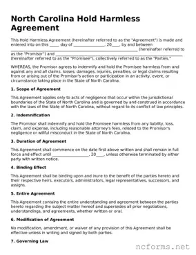Printable  Hold Harmless Agreement Form for North Carolina
