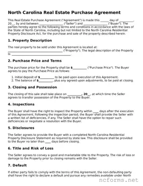 Printable  Real Estate Purchase Agreement Form for North Carolina