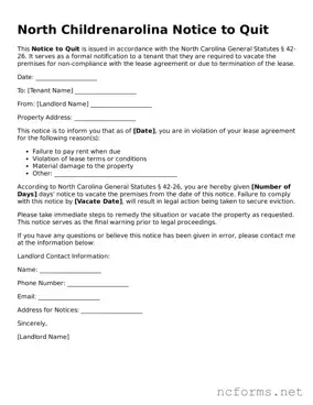 Printable  Notice to Quit Form for North Carolina