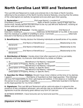 Printable  Last Will and Testament Form for North Carolina