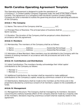 Printable  Operating Agreement Form for North Carolina