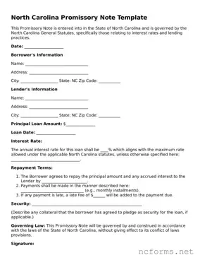 Printable  Promissory Note Form for North Carolina