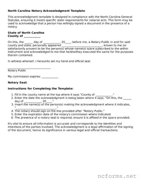 Printable  Notary Acknowledgement Form for North Carolina
