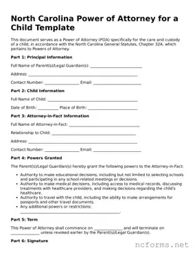 Printable  Power of Attorney for a Child Form for North Carolina