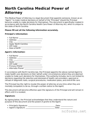 Printable  Medical Power of Attorney Form for North Carolina
