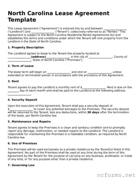 Printable  Lease Agreement Form for North Carolina
