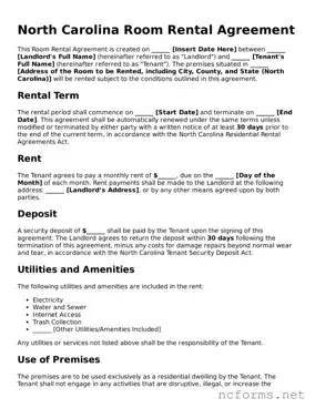 Printable  Room Rental Agreement Form for North Carolina